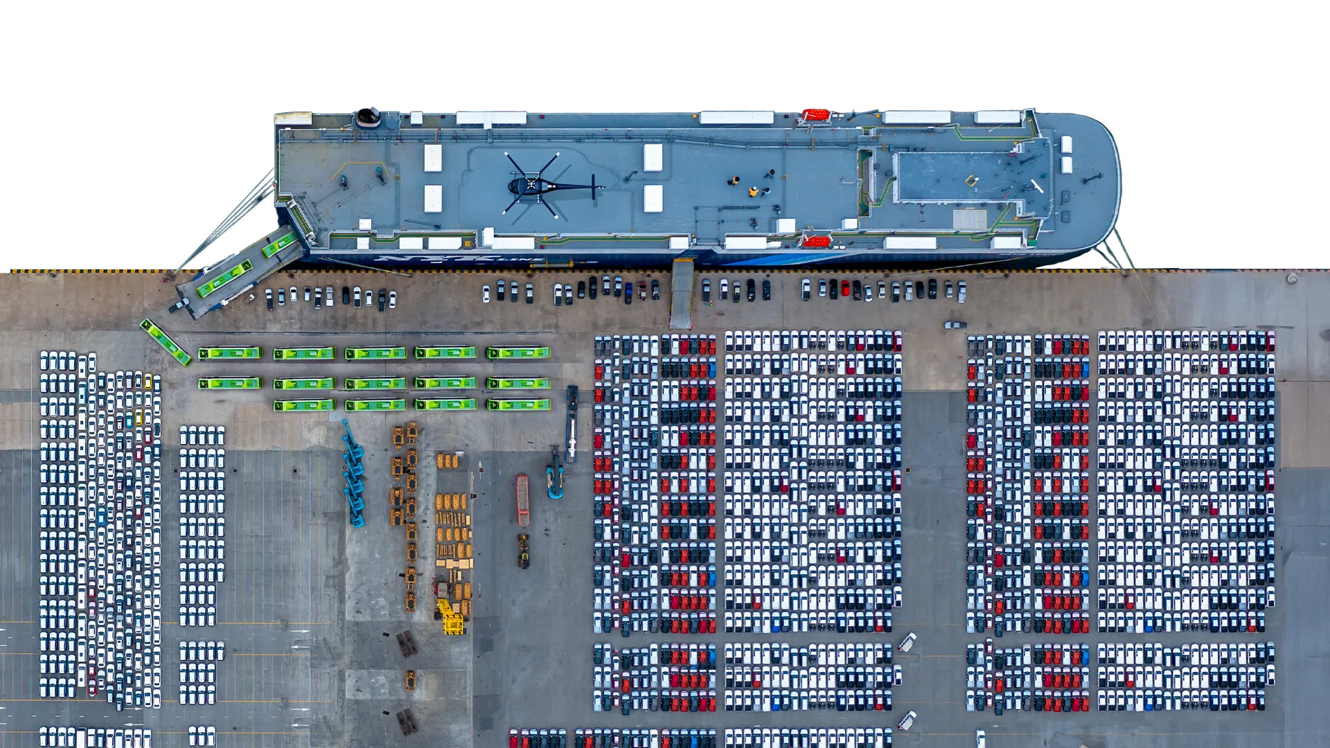 Top view of a RoRo vessel on port.